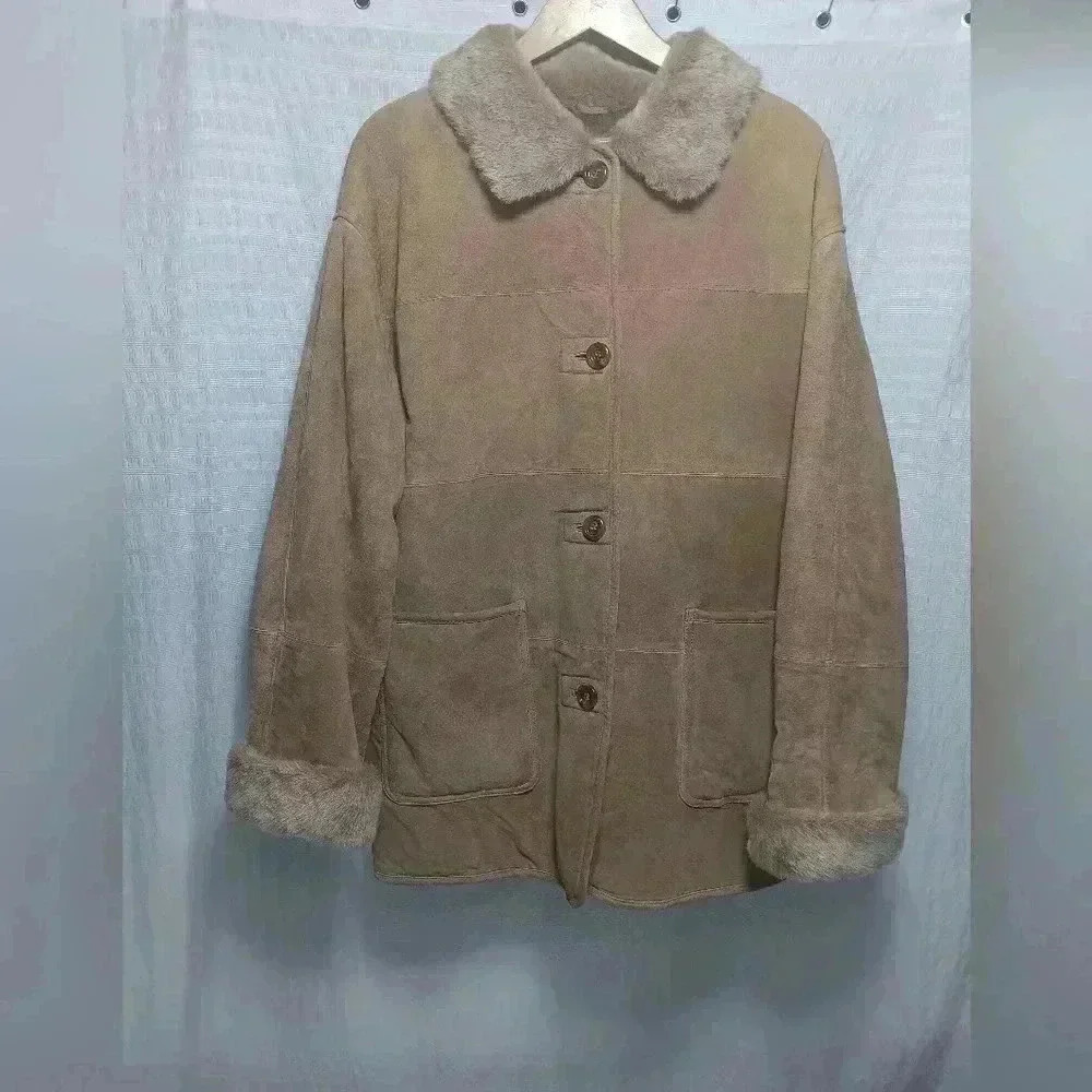 Ladies Leather/Suede Faux fur lined Barn/ Chore Jacket Button Down Coat. 2XL - Picture 2 of 9